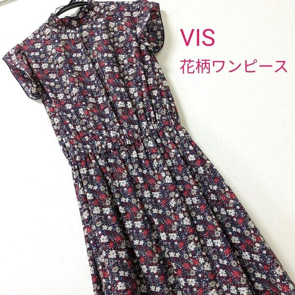 【VIS ビス】花柄 ワンピース かわいい きれい スカート ノースリーブ 上品 ロング ブラック 黒 サラサラ