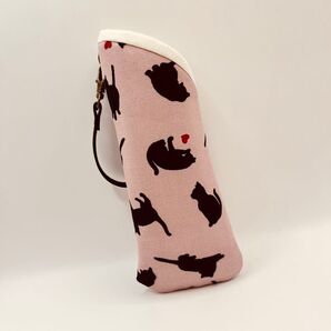 ハンドメイド メガネケース スリムタイプ ストラップ付き シルエット 猫 【訳あり 画像4枚目のご確認をお願い致します】