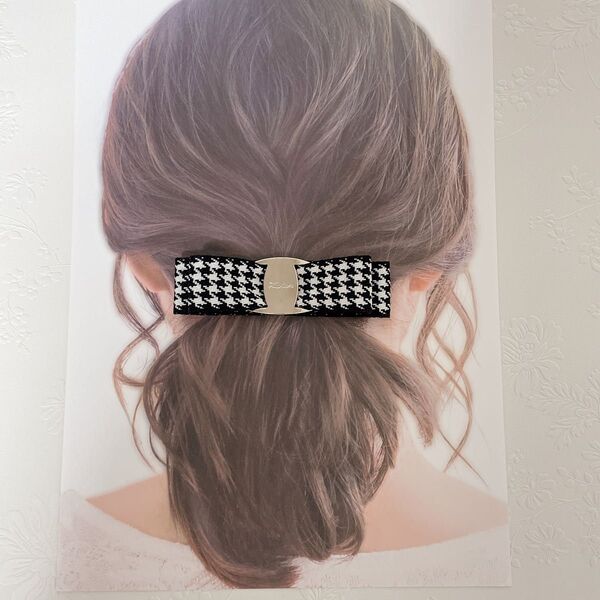 【バックル付千鳥柄リボンバレッタ】ヘアアクセサリー ハンドメイド 結婚式 高見え