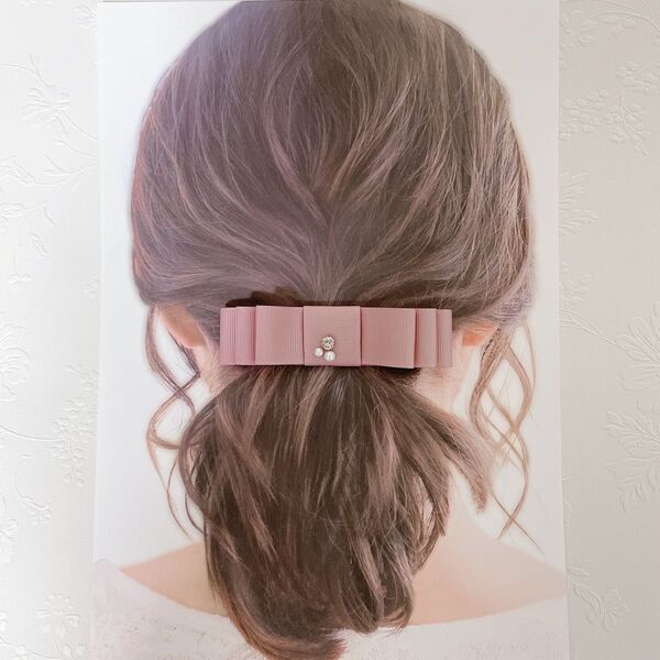 【パール付リボンバレッタ】ヘアアクセサリー ハンドメイド 結婚式 高見え