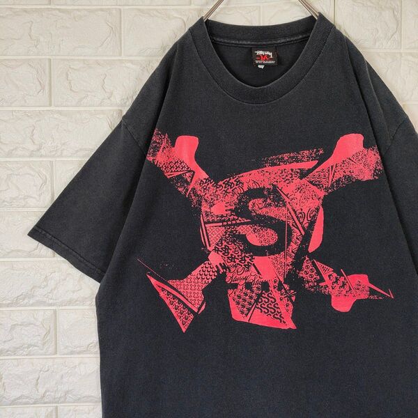 希少★ 00s STUSSY ステューシー Tシャツ レッド スカル ドクロ クロスボーン 半袖 ブラック M