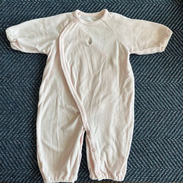 美品 ピンク ウサギ刺繍ロンパース 50〜60㎝ カバーオール ベビー服 女の子 退院着 パイル地 長袖