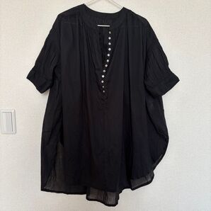 ブラック コットン チュニック 半袖 FREE size ブラウス 黒