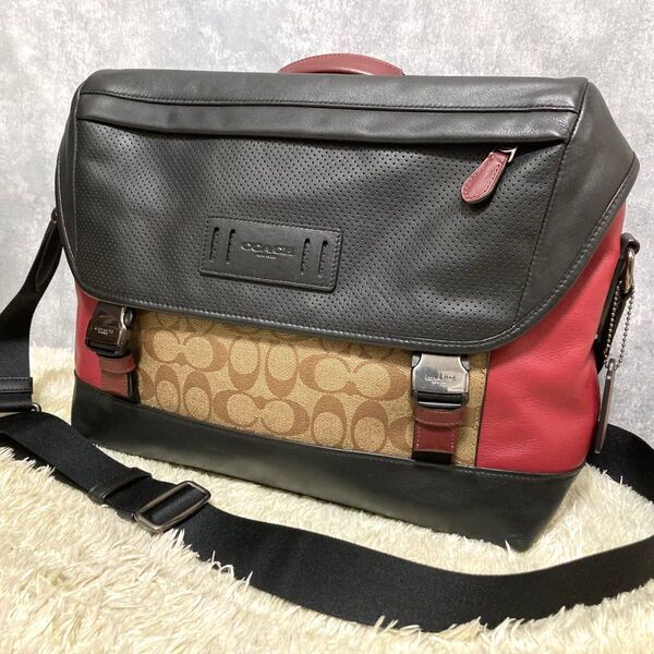 【極美品】COACH コーチ メッセンジャーバッグ レザー 本革 PVC ベージュ カラーブロック ショルダーバッグ シグネチャー