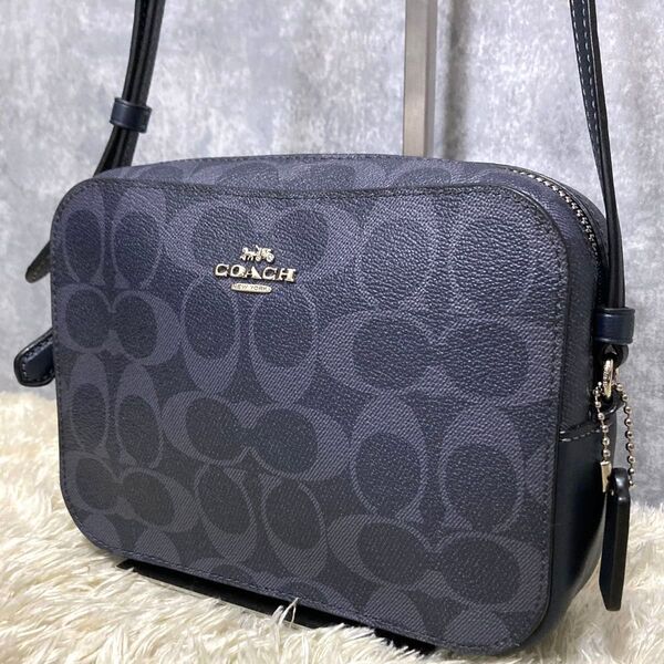 【極美品】COACH コーチ カメラバッグ レザー PVC ネイビー シグネチャー ショルダーバッグ 斜め掛け クロスボディ