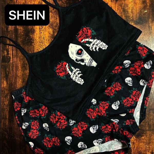 SHEIN シーイン スカル柄 薔薇柄 夏 ルームウェア 上下セット キャミソール 短パン