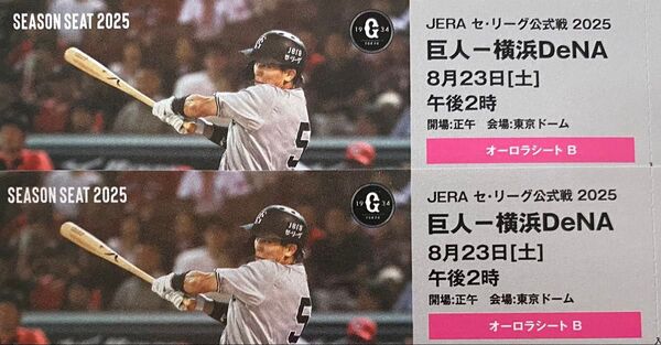 8/23 巨人 読売ジャイアンツvs横浜DeNAベイスターズ シーズンシート チケット 2枚ペア