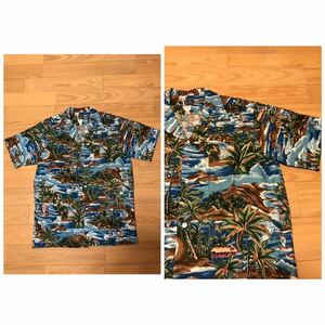 着用回数極少な目.極美品☆USA製／Y NOT HAWAII サイズL大き目.日本XL以上並 半袖アロハシャツ ハワイアン総柄 風景画 ヤシの木他 BIG SIZE