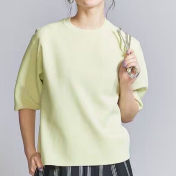 ビューティ&ユース ミラノリブ カーブスリーブ ニットプルオーバー 手洗い可能 半袖 黄色 イエロー 春夏 Tシャツライク レモン