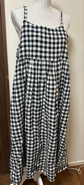 Samansa Mos2綿麻コットンリネンギンガムチェックロング丈ワンピース黒F