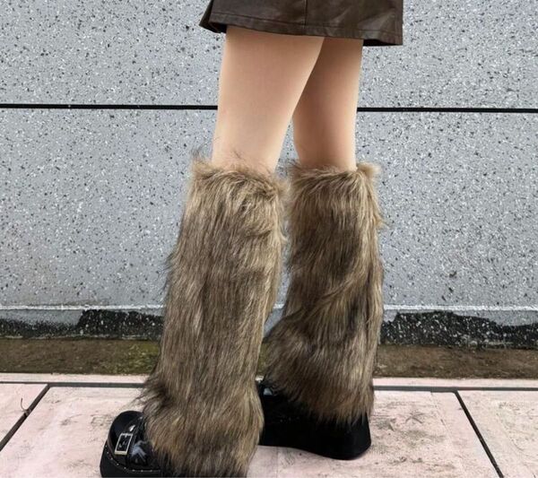 ブラウン y2k グランジ サブカル レッグウォーマー ファー