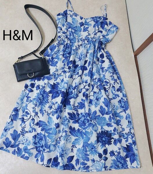 新品タグ付 H&M エイチアンドエム 花柄 キャミワンピース リネンブレンド 麻綿 総柄 ブルー 送料込み