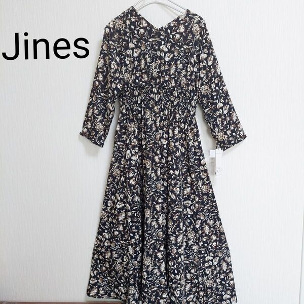 新品タグ付 Jines ジネス 花柄 総柄 ロングワンピース Aライン フラワープリント ジオン商事 送料込み
