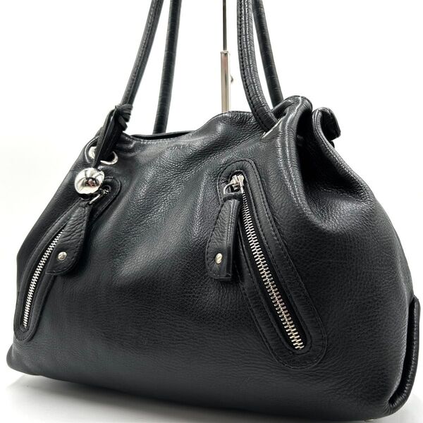 美品 フルラ FURLA ハンドバッグ カルメン トート ワンショルダー 巾着 肩掛け レザー ブラック 黒