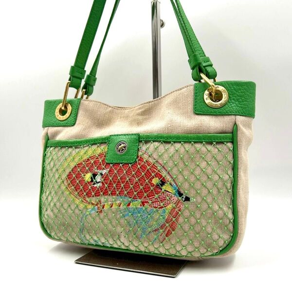 ハンティングワールド HUNTING WORLD ハンドバッグ 肩掛け ショルダー トート リネン レザー 刺繍 グリーン