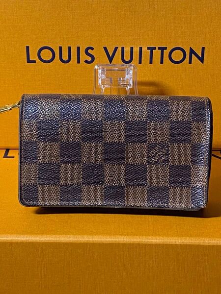 LOUIS VUITTON ルイヴィトン ダミエエベヌポルトフォイユトレゾール ブラウン レザー L字ファスナー 二つ折り財布