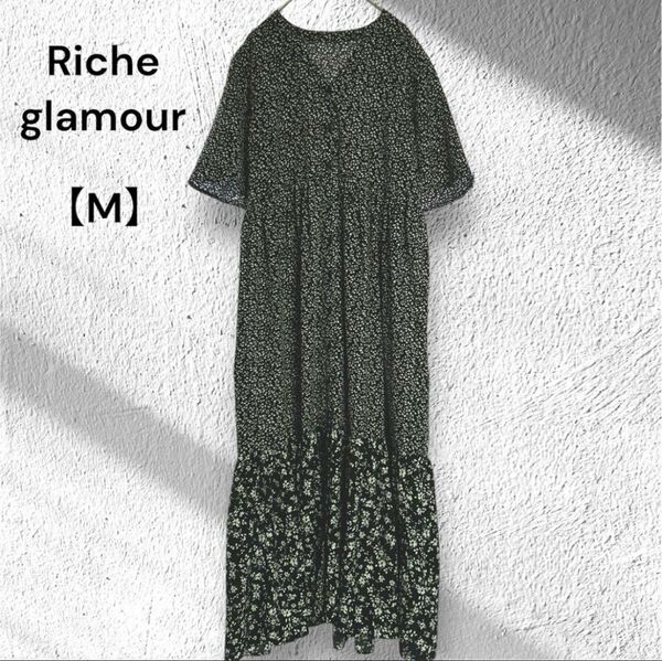 Riche glamour 花柄切替ロングワンピース【M】黒 白 総柄 リゾート 半袖