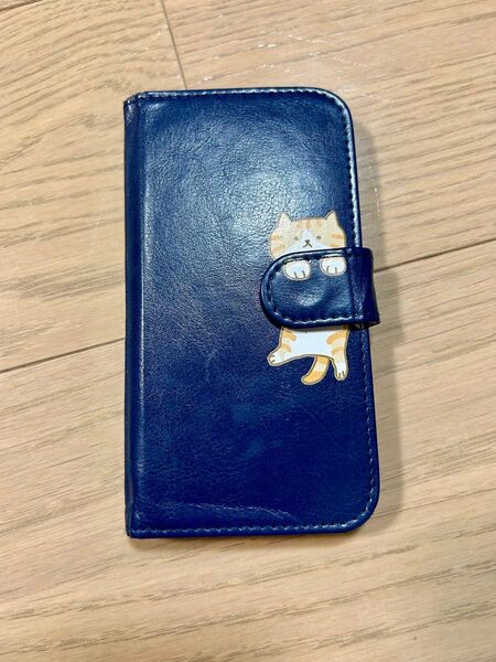猫 手帳型スマホケース ネイビー