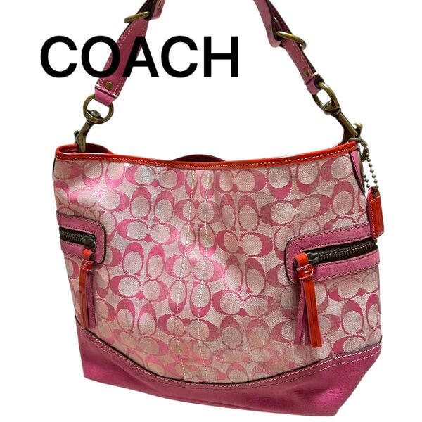 COACH コーチ シグネチャー ショルダーバッグ ハンドバッグ 肩掛け キャンバス レザー ピンク 箔シルバー 2183
