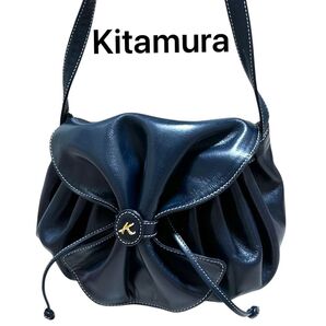 Kitamura キタムラ 巾着 リボン 斜め掛け ショルダーバッグ レザー ネイビー