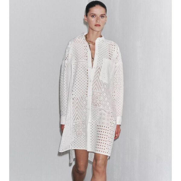 ZARA カットワーク刺繍入りワンピース S パッチワーク レースワンピース 総レース シャツワンピース レースシャツ ブラウス