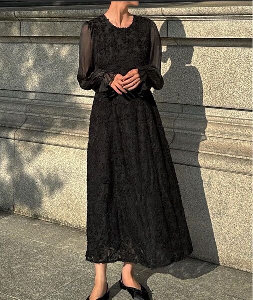 ジュノア 長袖ワンピース ドレス ブラック Mサイズ 結婚式 黒 ワンピース