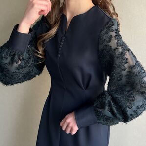 ジュノア 長袖ワンピース ネイビー ロングドレス Lサイズ JUNOAH