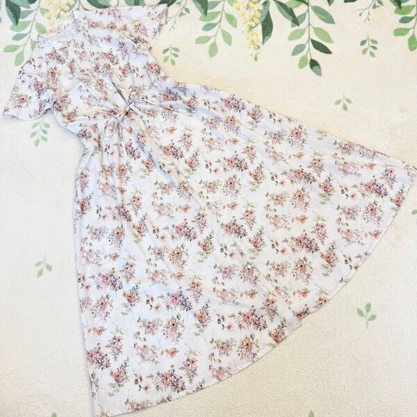 美品 アナトリエ 花柄 ロング シャツ ワンピース 38 M グレー ピンク 半袖 フラワープリント Anatelier 綺麗め