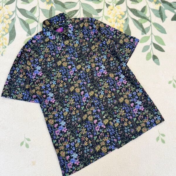 美品 GENUINO× LIBERTY 花柄 半袖 シャツ L メンズ ブラック 総柄 リバティ アロハシャツ マルチカラー