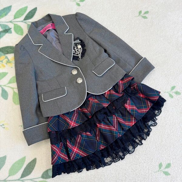 美品 CutieRibbon 115 女の子 フォーマル 卒服 チェックグレー 卒業式 入学式 セットアップ レッド ブローチ