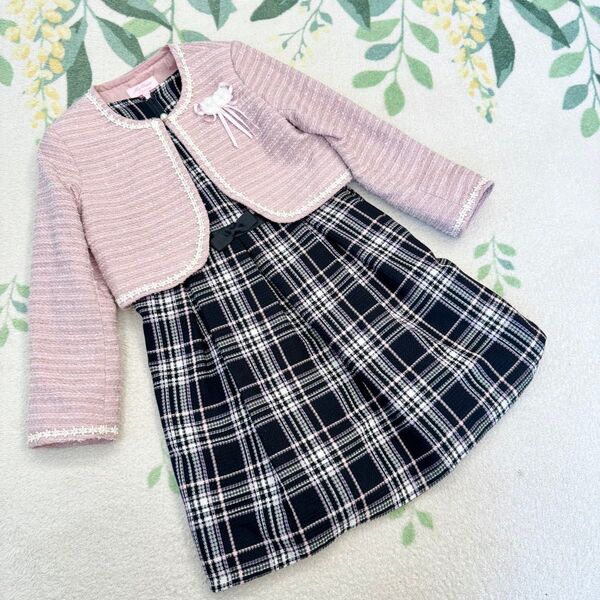 美品 女の子 マザウェイズ フォーマル 120 卒服 チェック ピンク ツイード 入学式 結婚式 卒園式 発表会 ワンピース