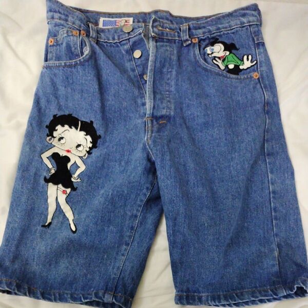 1992 90's USA製 Betty Boop(ベティブープ) デニムハーフパンツ Sサイズ ベティちゃん刺繍