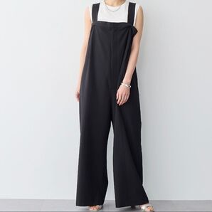 【anyfee/プラスサイズ】タック入りワイドサロペット《接触冷感/ストレッチ》オーバーオール ブラック サロペット