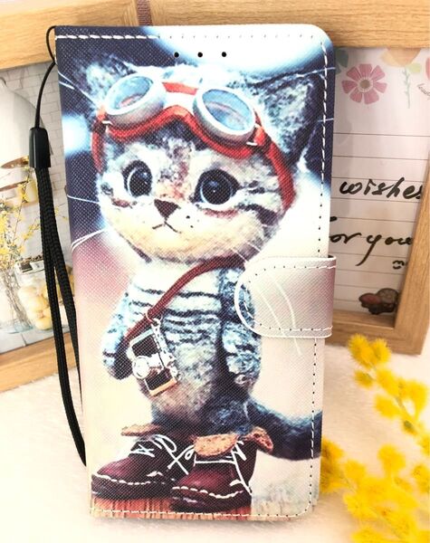 AQUOS WISH4 ケース SH-52E A402SH 手帳型 可愛い 猫 カード収納 スタンド機能 ストラップ付き