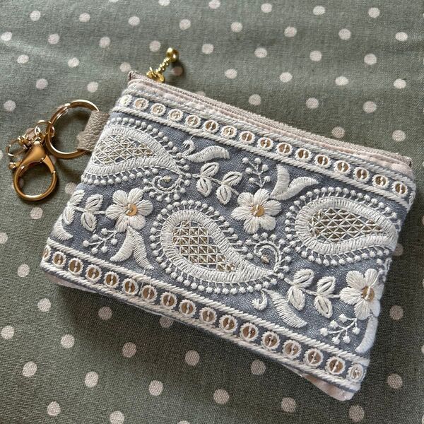 インド刺繍リボンフラットミニポーチ