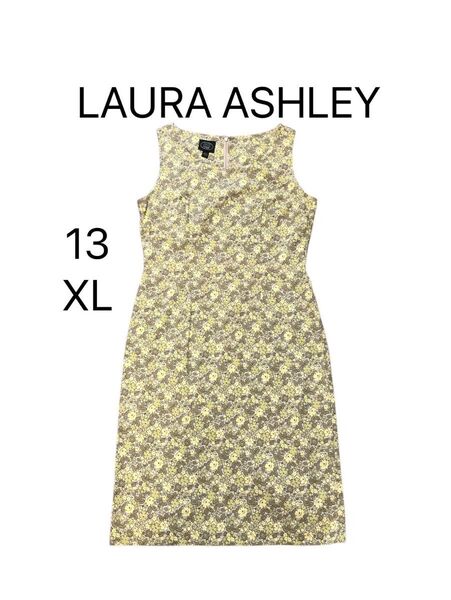 LauraAshley ローラアシュレイ 総柄 花柄ワンピース 膝丈 13号 綿 ノースリーブ ひざ丈
