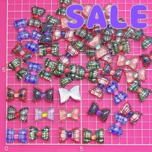 【SALE】NO.141 ネイルパーツ ミニサイズ プラパーツ チェックリボン 50個400円