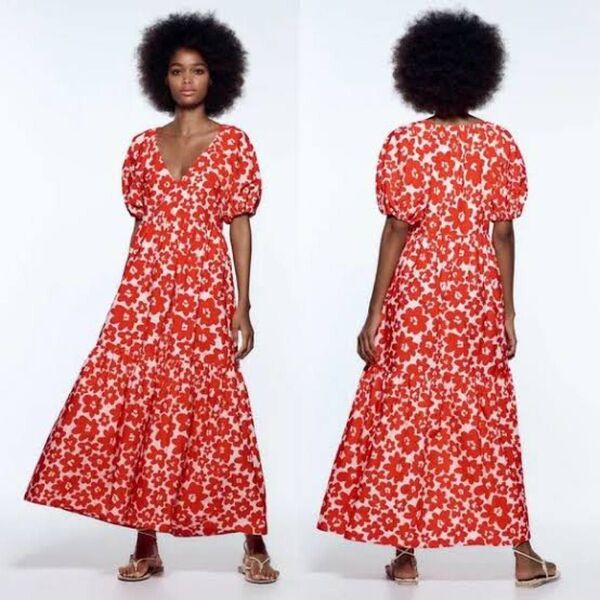 新品未使用 タグ付き ZARA ロングワンピース 花柄 フラワー レッド ドレスアップ ドレス 夏服 ワンピース 赤 海外コーデ