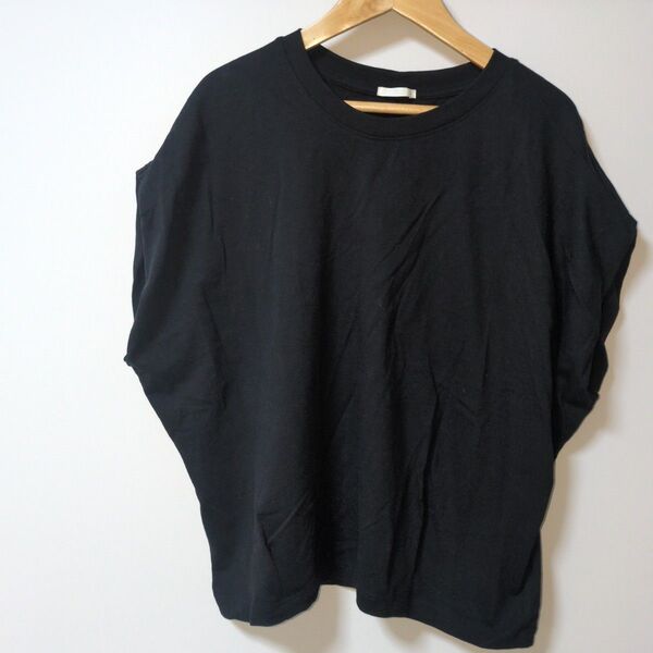 GU/ブラック/XLサイズ/袖短め/ネックリブ/大きいサイズ/Tシャツ 半袖 カットソー 黒 コットン