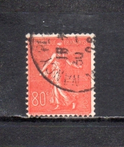 207307 フランス 1925年 普通 種播く女 太陽背景 横縞地紋 80c 赤 使用済