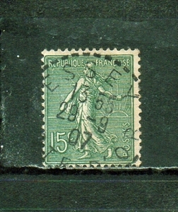 207010 フランス 1903年 普通 種播く女 太陽背景 横縞地紋 15c 濃い灰緑 白紙 使用済