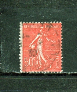 207033 フランス 1926年 普通 種播く女 太陽背景 横縞地紋 50c 赤 使用済