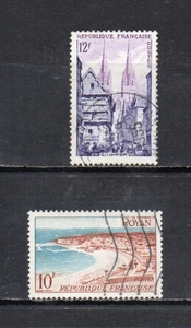 207286 フランス 1954年 風景 10F ロアン海岸、12F サンコランタン大聖堂 2種 使用済