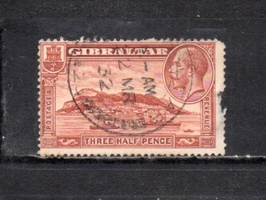 207352 ジブラルタル 1933年 普通 国王ジョージ5世とジブラルタルの岩壁 1.5d 赤茶 目打13.5×14 使用済