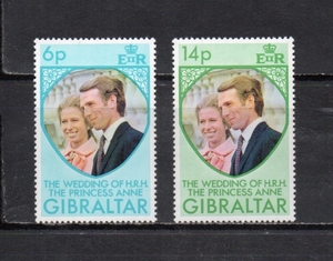 207380 ジブラルタル 1973年 英国王室アン王女成婚 2種完揃 未使用NH