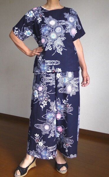 浴衣 四季の花々 ブラウス+ガウチョ ワイドパンツ セットアップ 着物リメイク