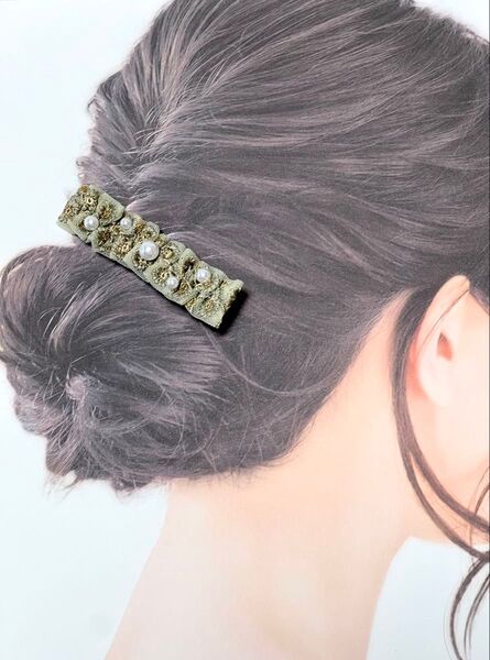 ヘアクリップ☆インド刺繍リボン&パール☆グリーン☆ハンドメイド