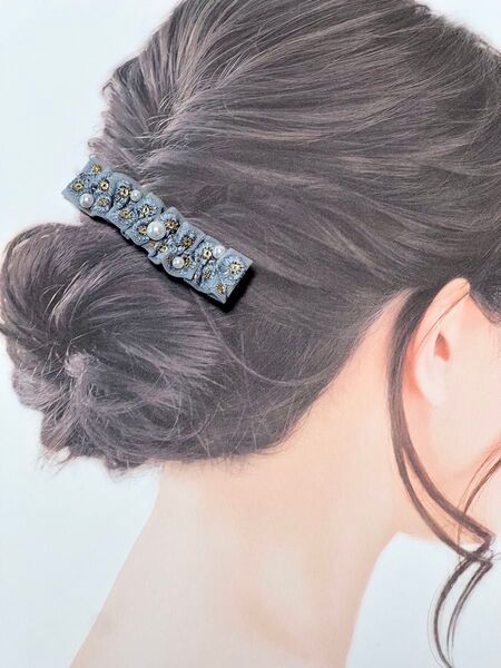ヘアクリップ☆インド刺繍リボン&パール☆ブルー☆ハンドメイド