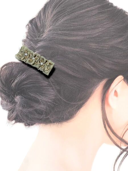 ヘアクリップ小☆インド刺繍リボン&パール☆グリーン☆ハンドメイド