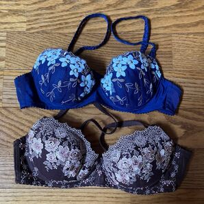 ワコール ウィング 補正下着 ネイビー ブラウン 刺繍 花柄 ブラジャー 2枚セット 刺繍 花柄